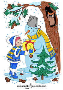 A Girl and a Snowman with Present in Winter Card