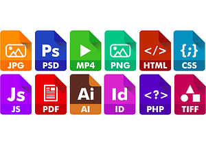 Jpg, PSD, Mp4, Png, Html, CSS. Js, PDF, Ai, Id, Php, Titt ikoner