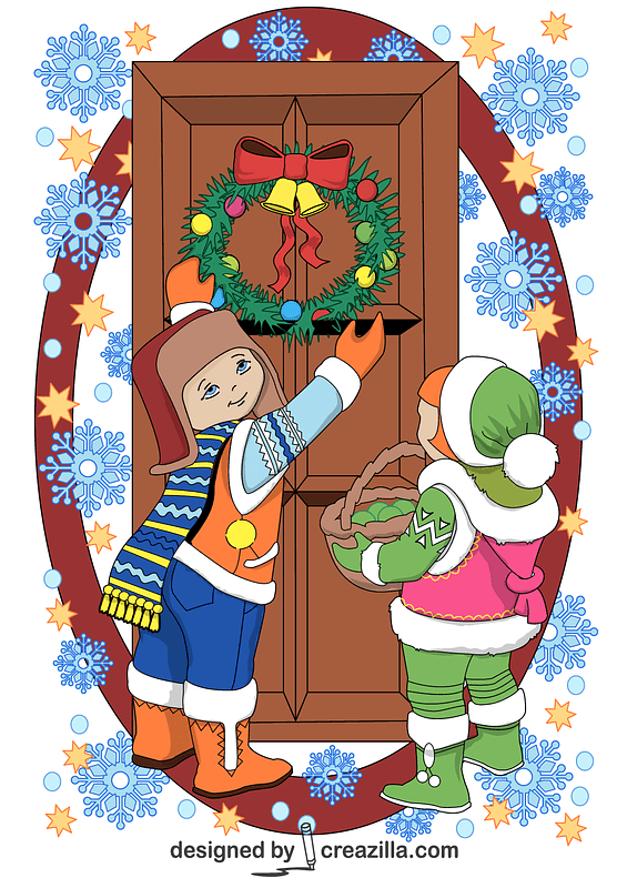 Children Decorating a Door with Christmas Wreath Card