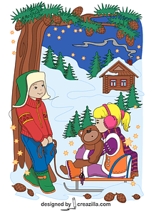 A Boy and a Girl on Sled in Winter Card