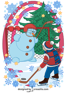 Ein Junge und ein Schneemann, die Hockey-Karte spielen