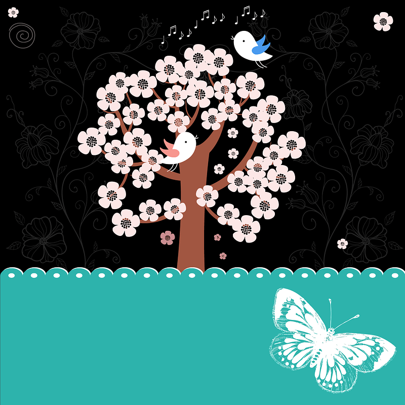 Sakura at Night with Bird and Butterfly Background