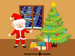 Santa Claus, christmas tree and presents
