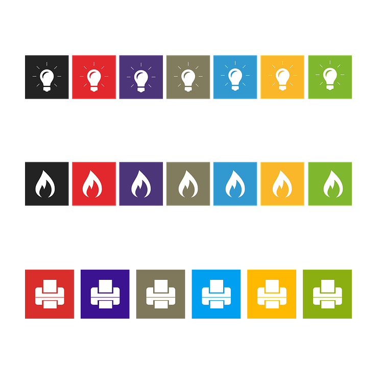 Set of Fire Flame, Idea Bulb and Printer Icons