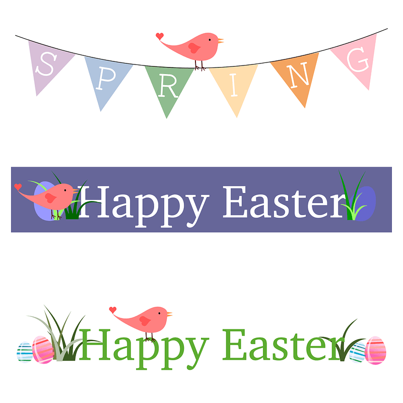 Set of Easter Banners with Bunting Flags, Eggs and a Bird