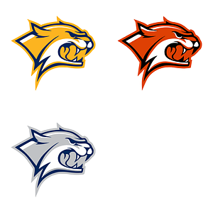 Set of logo mascots with wild cat in yellow, orange and grey colours