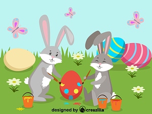 Easter rabbits painting eggs