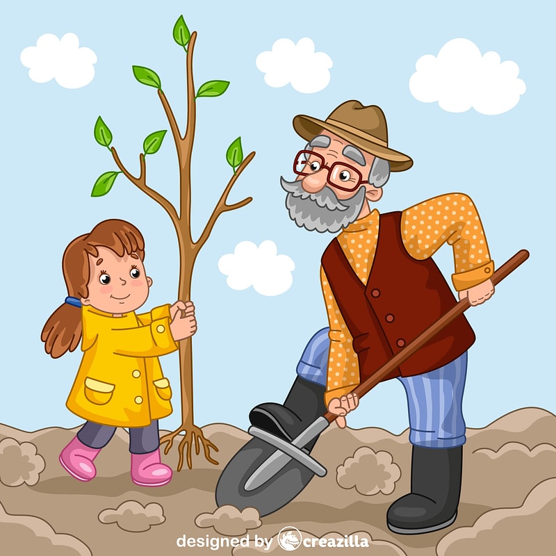 Granddad and granddaughter planting a tree