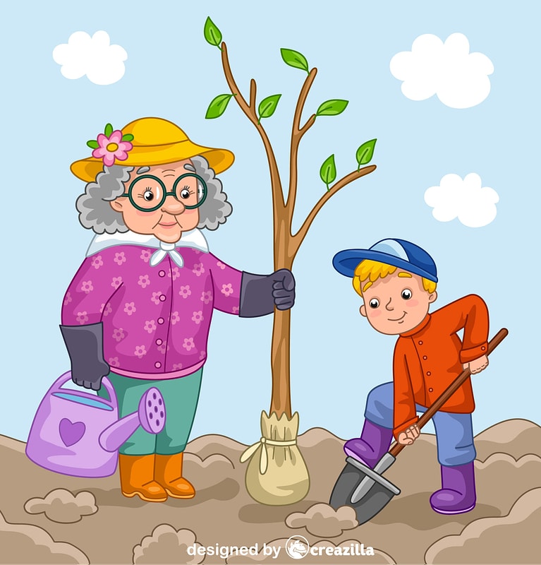 Granny and grandson planting a tree