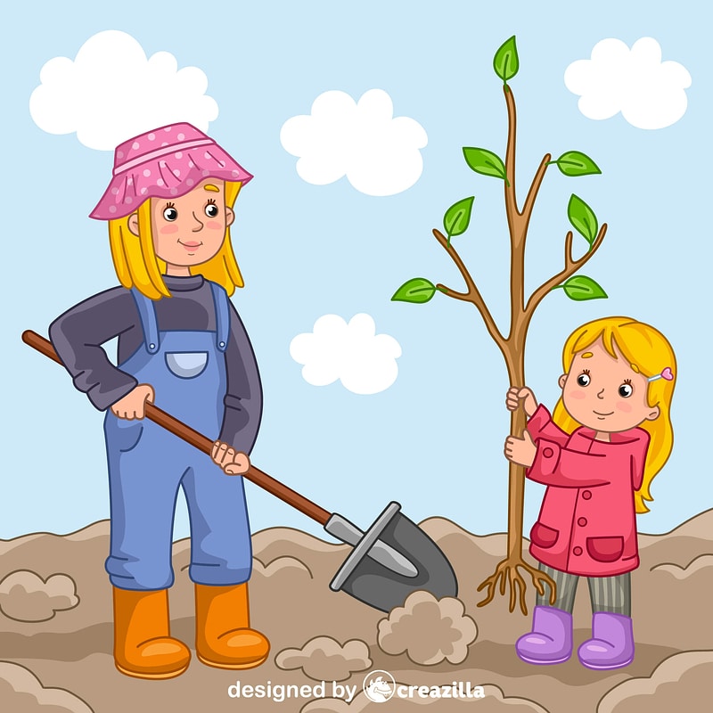 Mom and daughter planting a tree