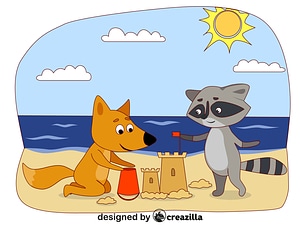 Animals on the beach - fox and raccoon