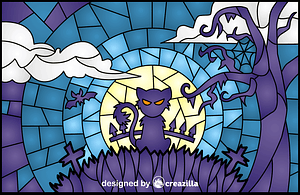 Halloween Scene Stained Glass Style Illustration
