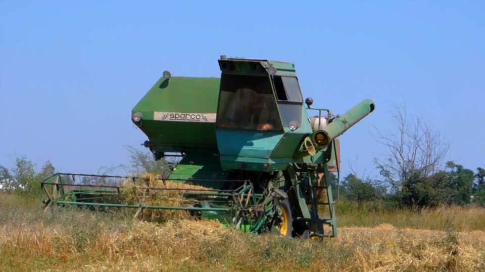 Harvester tractor in field harvests tractor