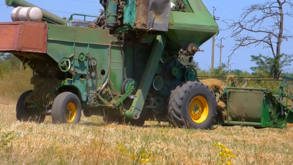 Harvester tractor in field harvests tractor