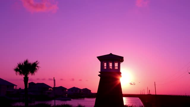 Pelican flight gate tower sunset