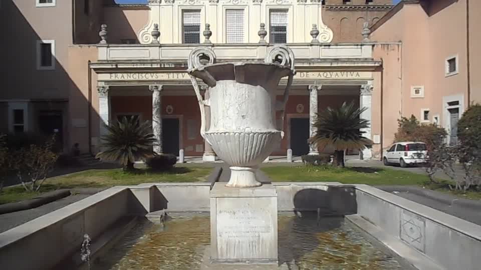 Modern fountain with marble vase or kantharos (4th-5th century AD) - Santa Cecilia in Trastevere Church in Rome