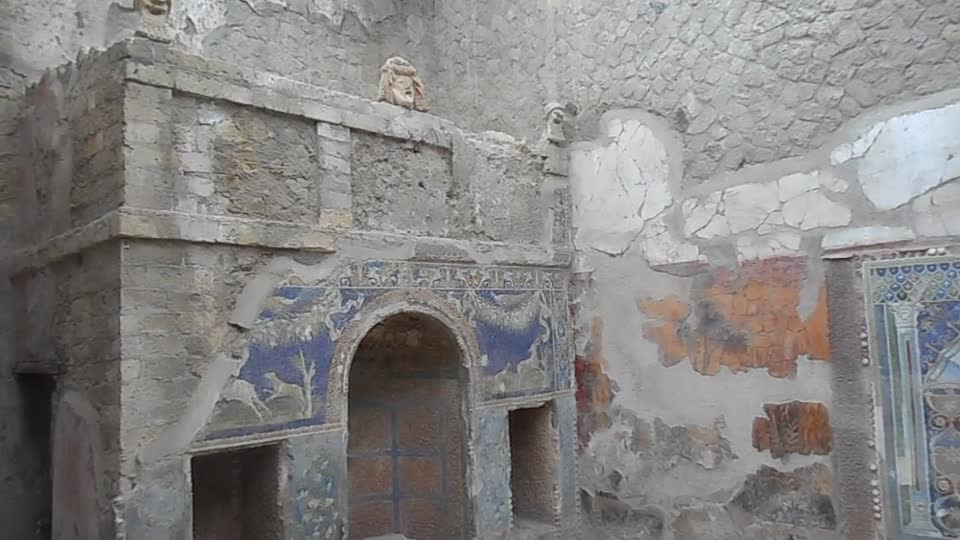 Glass Mosaics of "Triclinium" (dining-room) of the house of "Neptune and Amphitrite" at Herculaneum, buried by Vesuvius' eruption on 79 AD