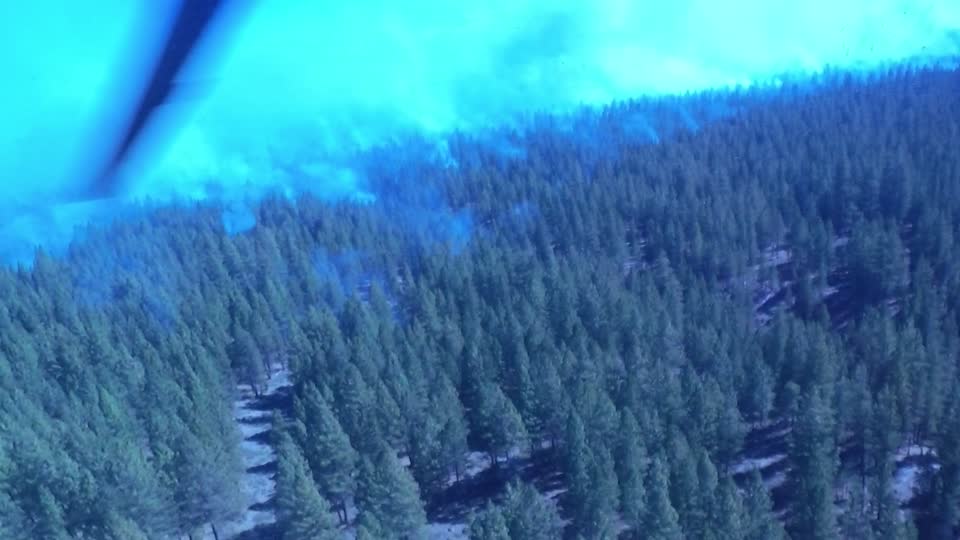 Crew Member Surveys Smokey Forest from a Helicopter