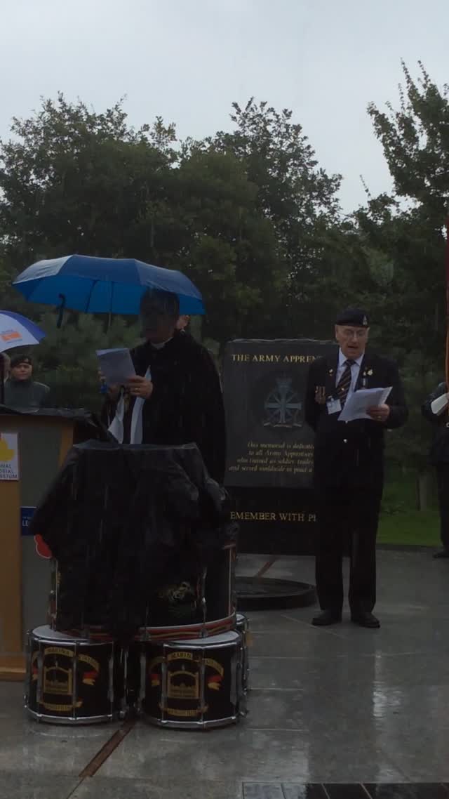 UK The National-Memorial Arboretum Alrewas. 2012 visit. The AOBA held their memorial service in the rain at the NMA.  David Scofield singing in the rain!