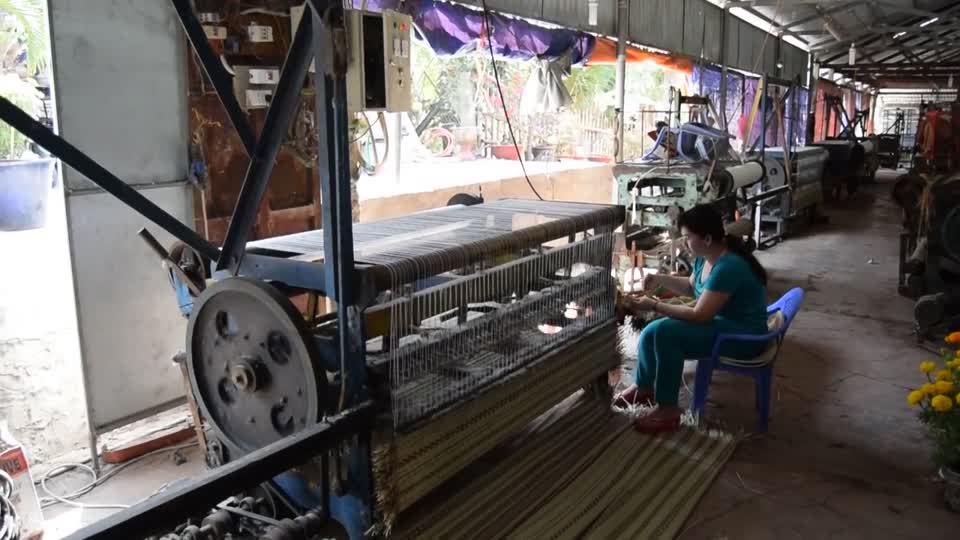 Vietnam.  Tan Chau.  Our first excursion into Vietnam. We visited a mat weaving factory.  This is one of the machines they use to make the mats, it has a flying shuttle. Video.