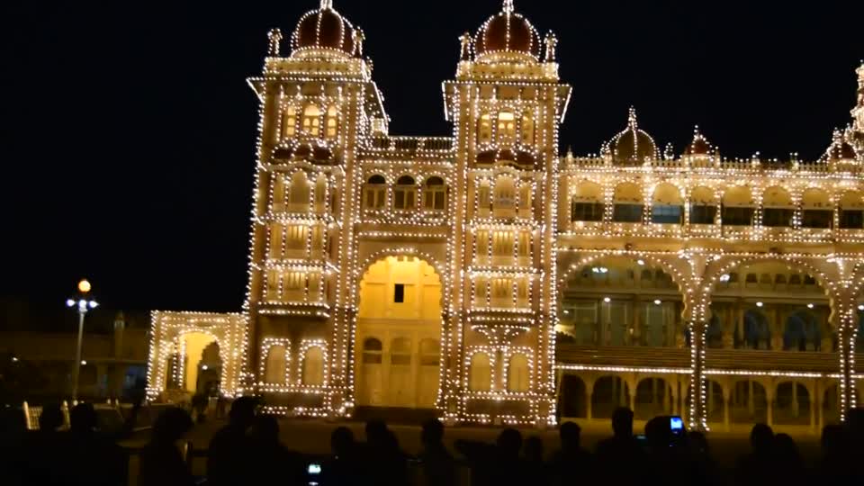 India. Mysore. Mysore Palace. We visited again in the evening at dusk to see the illuminations when it gets dark.  The illuminations were quite impressive.