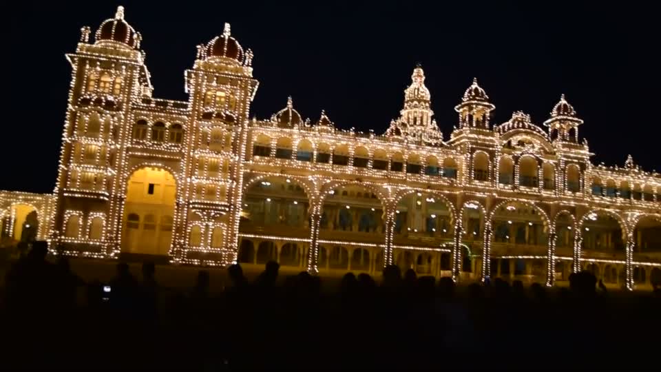India. Mysore. Mysore Palace. We visited again in the evening at dusk to see the illuminations when it gets dark. The illuminations were quite impressive.
