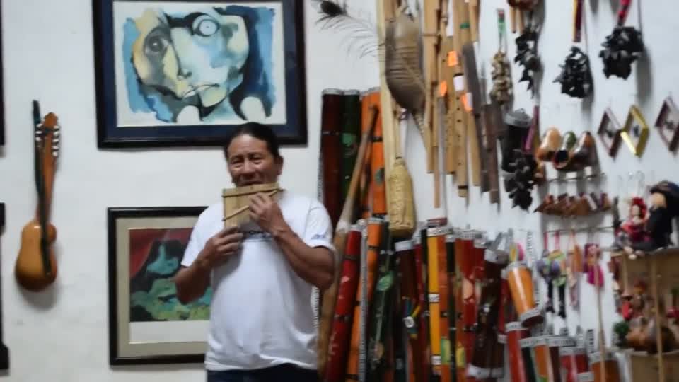 Ecuador. Peguche village. We visited an establishment where the owner spoke about and demonstrated Andean traditional music and instruments, that were on display.