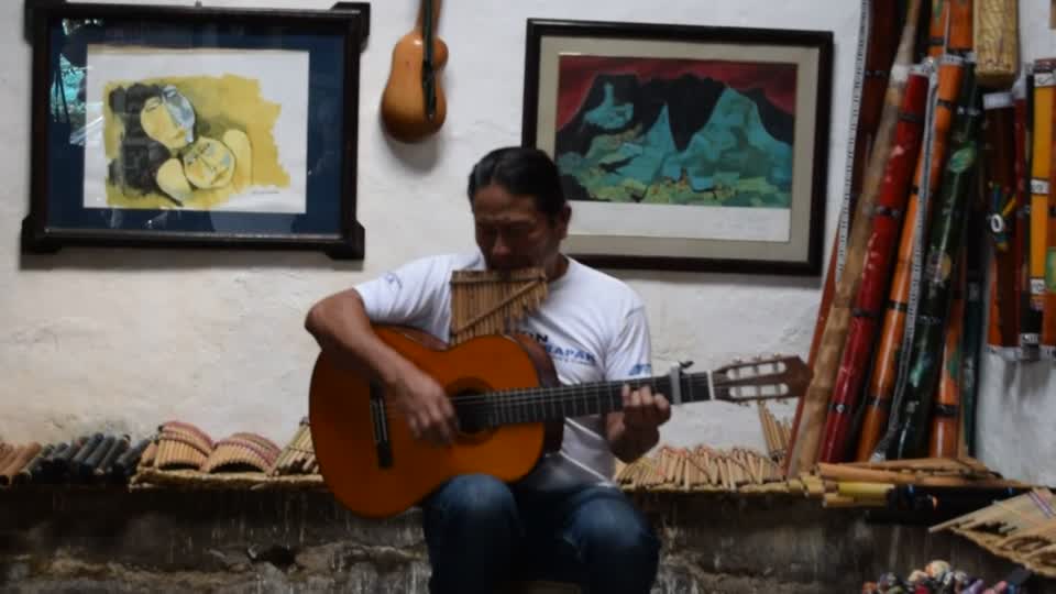 Ecuador. Peguche village. We visited an establishment where the owner spoke about and demonstrated Andean traditional music and instruments, that were on display.