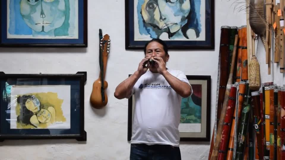 Ecuador. Peguche village. We visited an establishment where the owner spoke about and demonstrated Andean traditional music and instruments, that were on display.