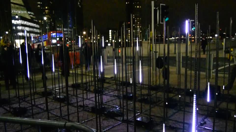 Winter Lights at Canary Wharf. London. "Stratum". Music controlled lighting.  VIDEO.